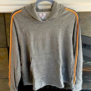 Sundry Sweatshirt hoodie gray with orange and navy and beige stripes.